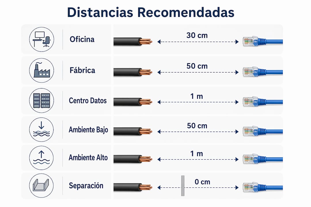 Infografía con las distancias ideales para la correcta separación de cables
