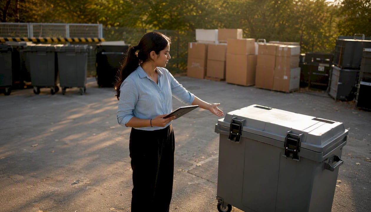 Woman checking secure e-waste pickup container