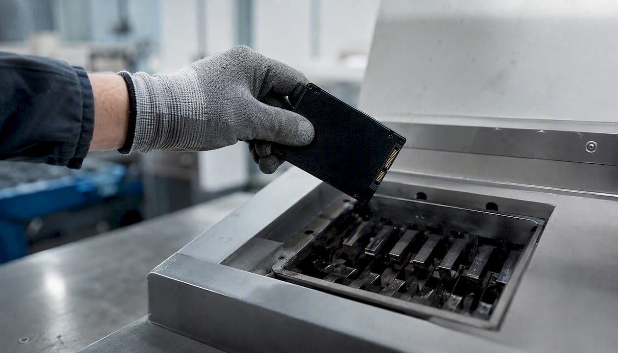 Hand holding SSD near physical destruction tool