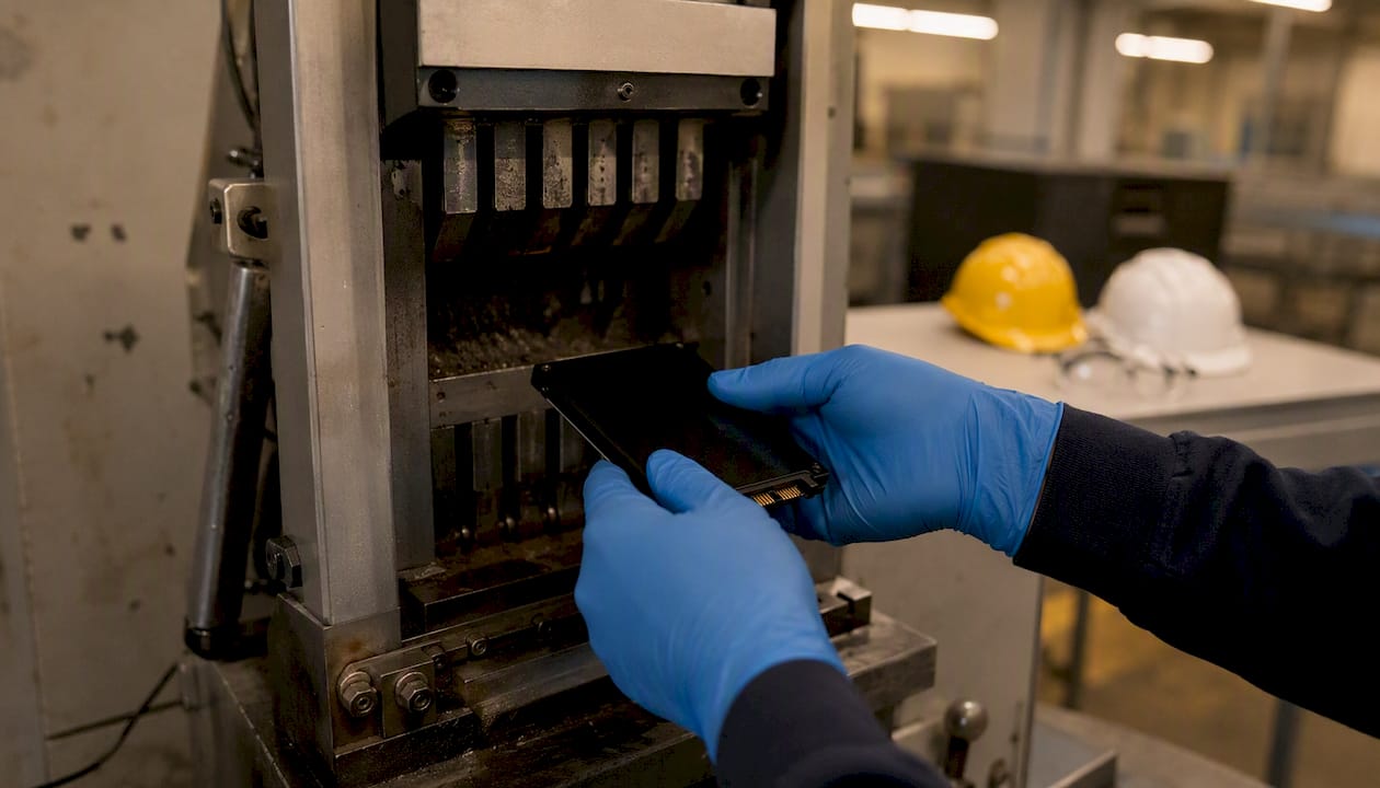 El SSD está siendo introducido en una máquina trituradora para asegurar su destrucción total.