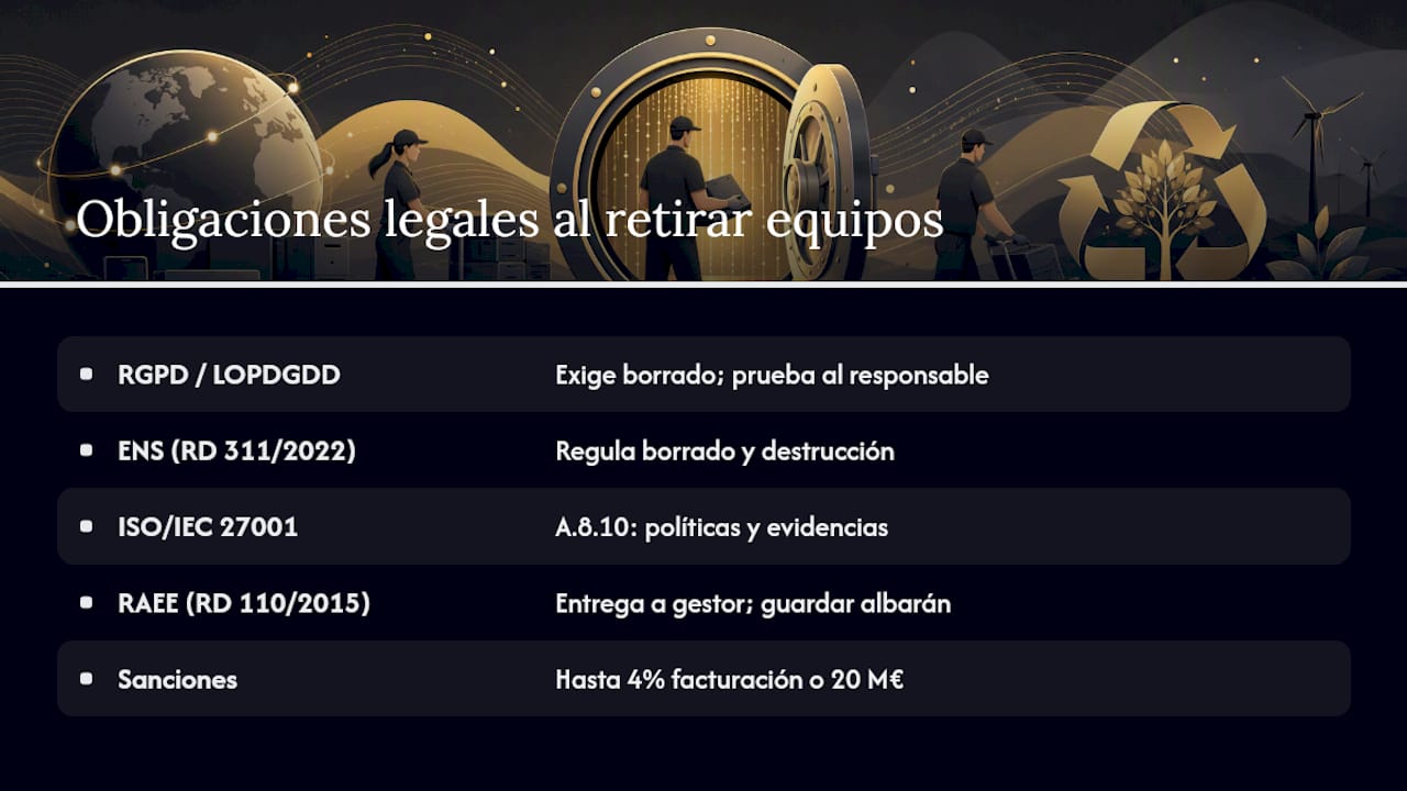 ¿Qué obliga la ley española al retirar equipos con datos? — overview diagram