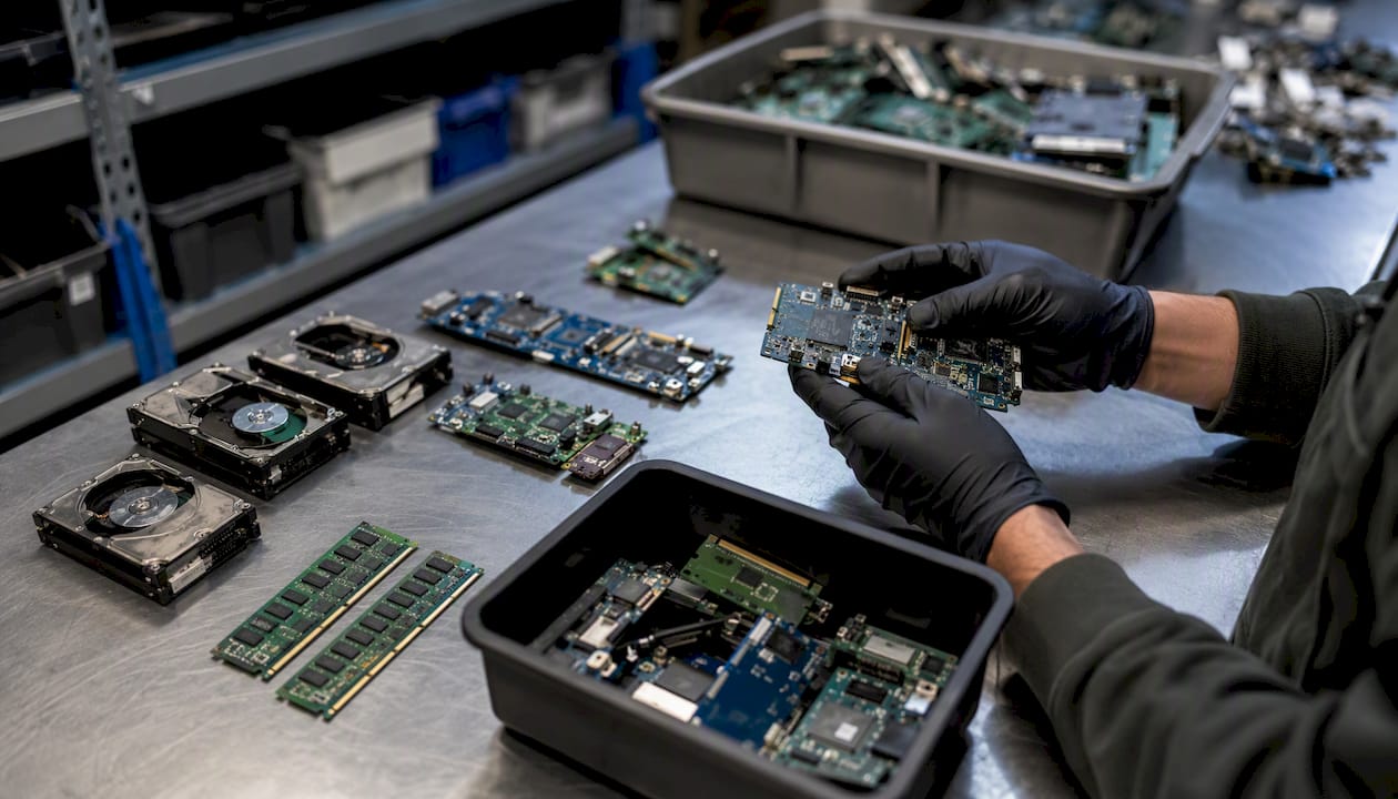 Hands sorting electronic components at recycling bench