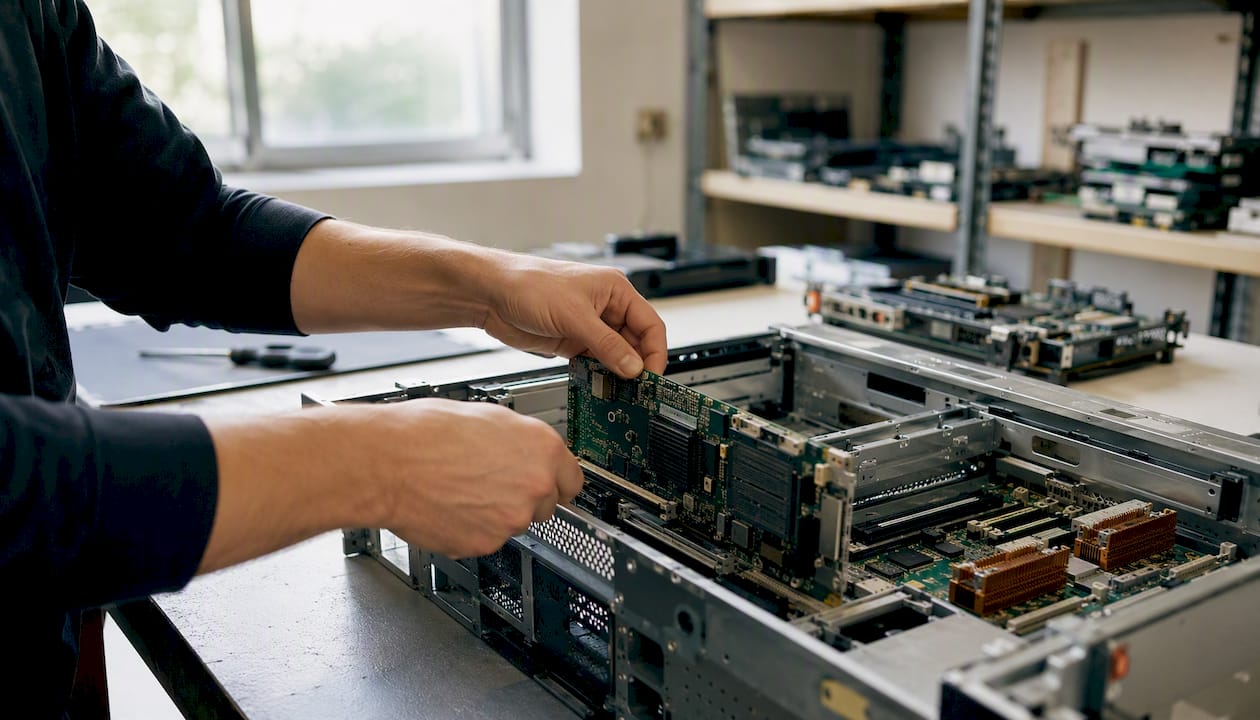 Hands dismantling server for IT asset recovery