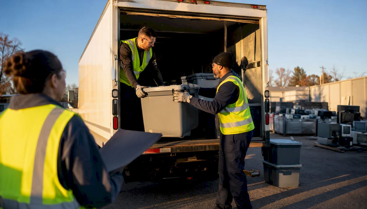 Loading locked e-waste bins into truck