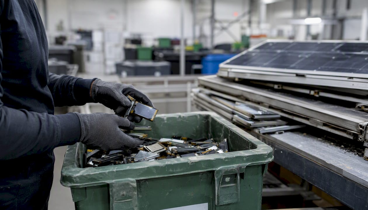 Hands placing batteries in recycling container