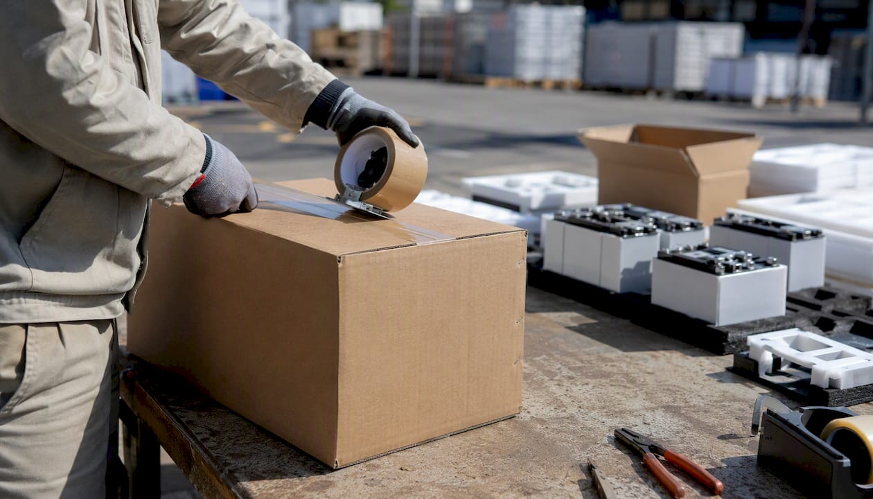 Hands sealing certified UN packaging box