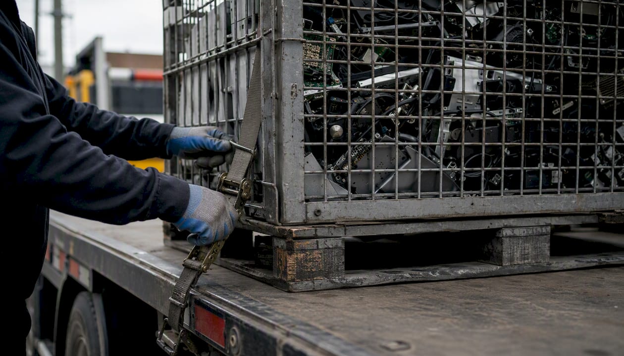 Manos sujetando el contenedor de basura para fijarlo correctamente al camión