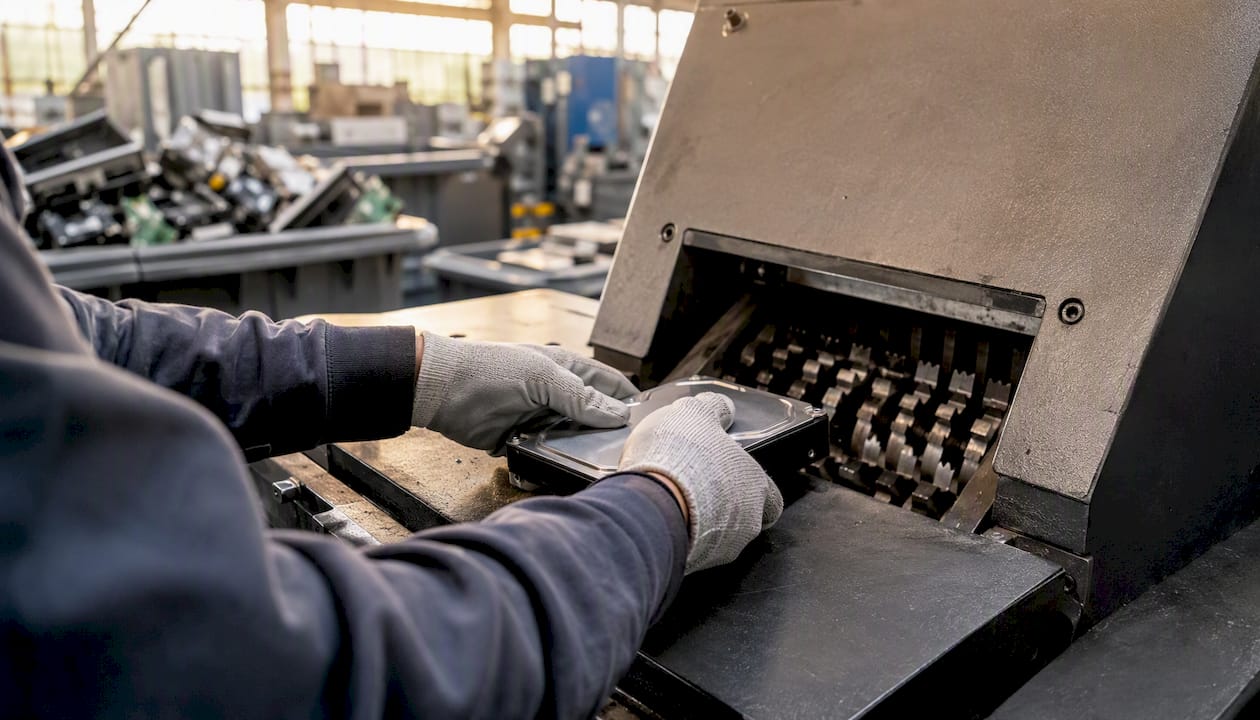 Hard drive being shredded in secure destruction machine
