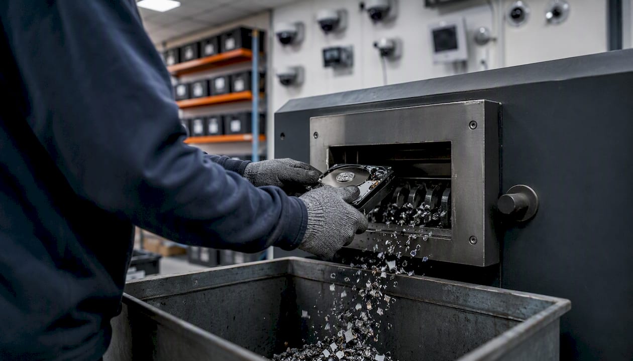 Hard drive being physically shredded on-site