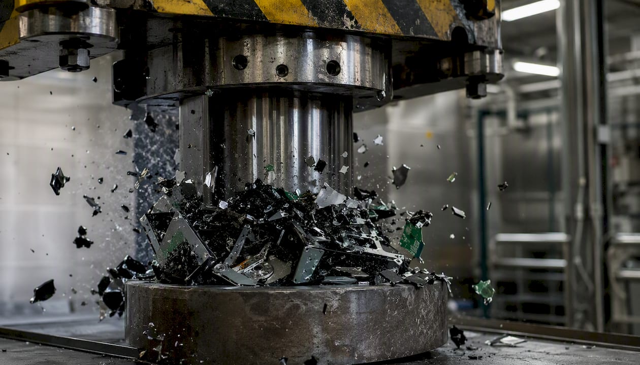 Una trituradora industrial pulveriza discos duros para garantizar la destrucción total de la información almacenada.