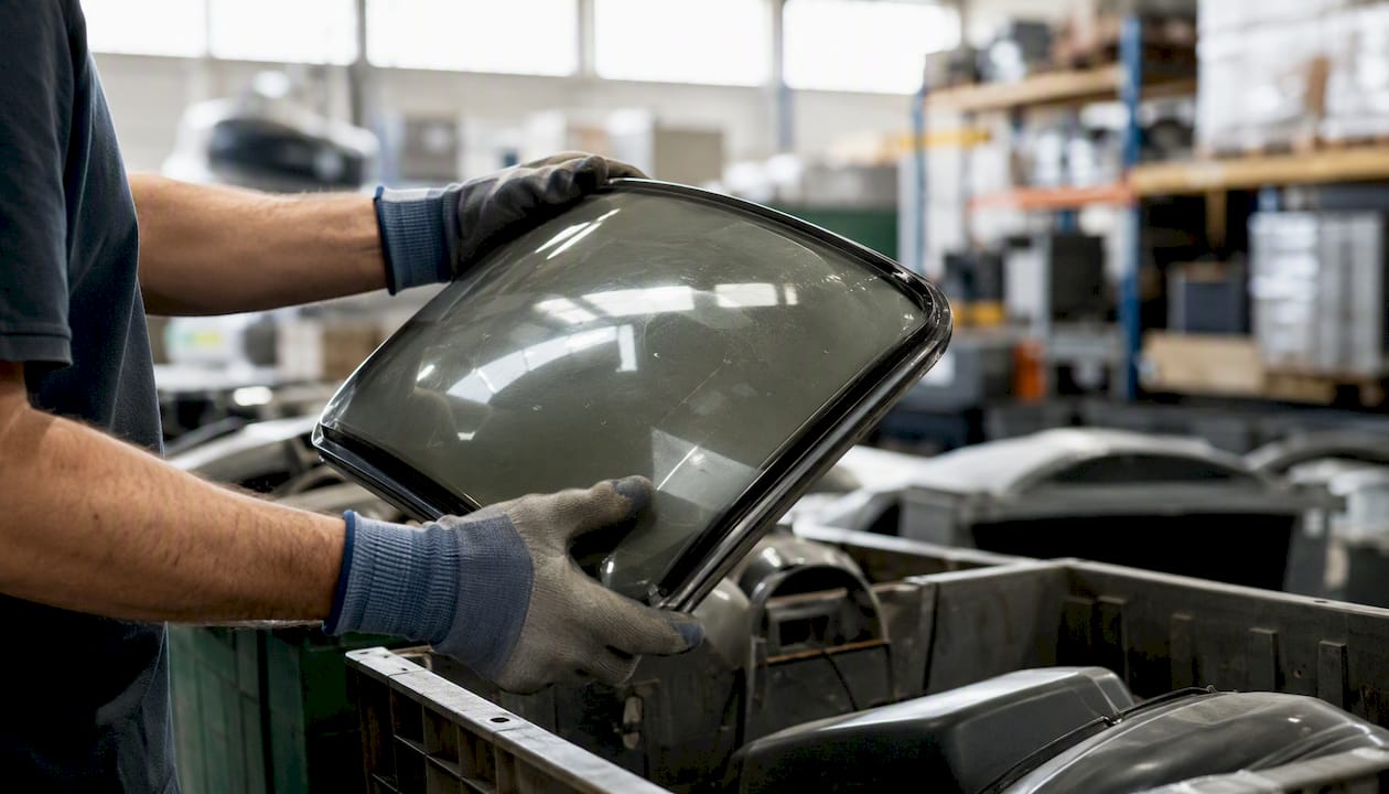 Gloved hands lifting CRT glass tube carefully