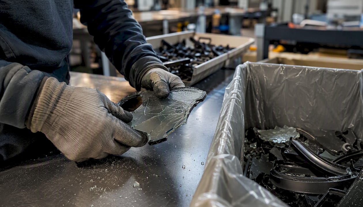 Gloved hands handling cracked CRT glass shards