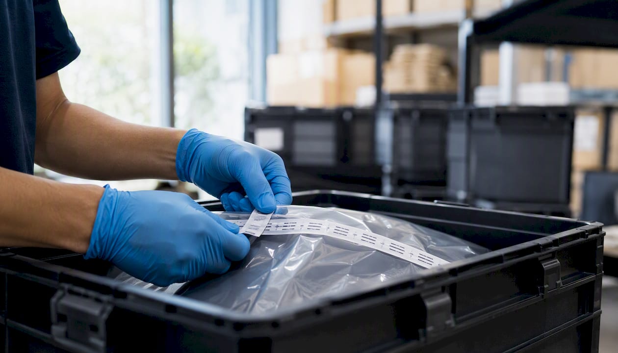 Hands sealing tamper-evident bag in transport
