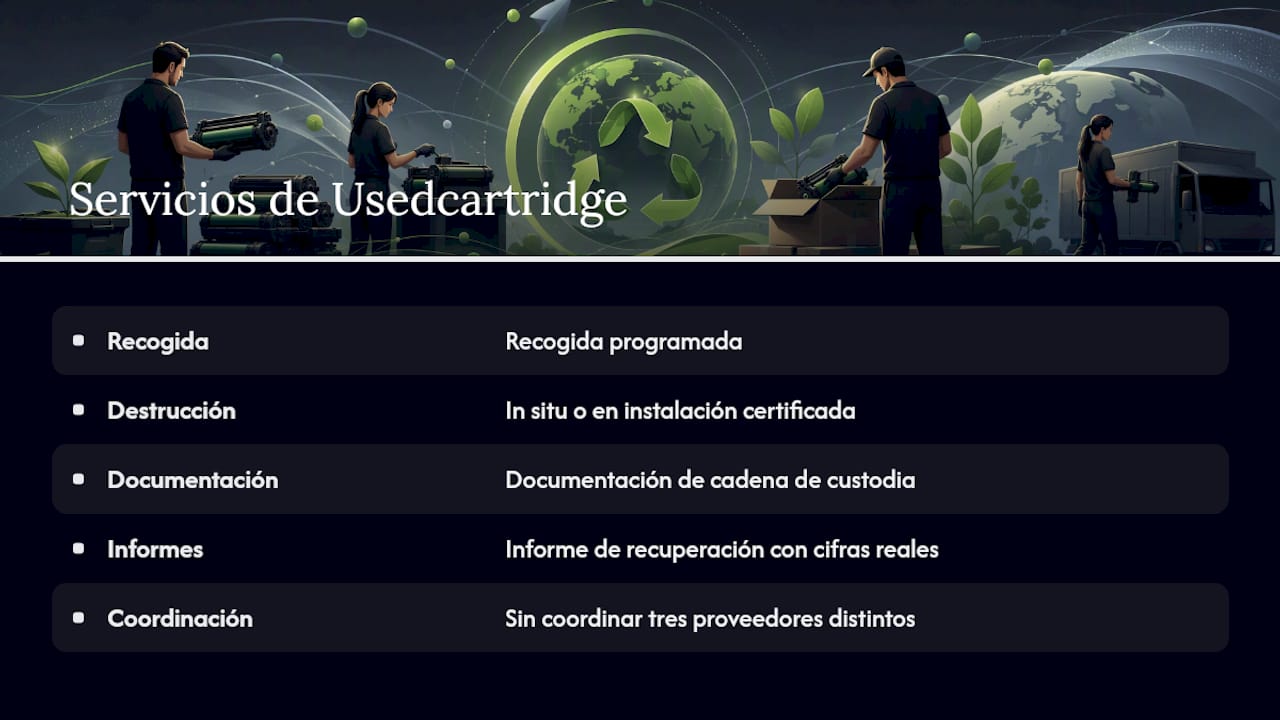 Reciclaje certificado y recuperación de activos con Usedcartridge — overview diagram
