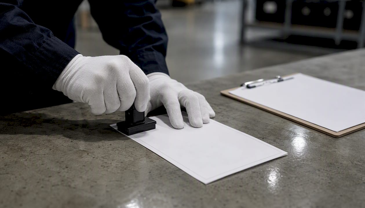Gloved hands stamping IT asset destruction certificate