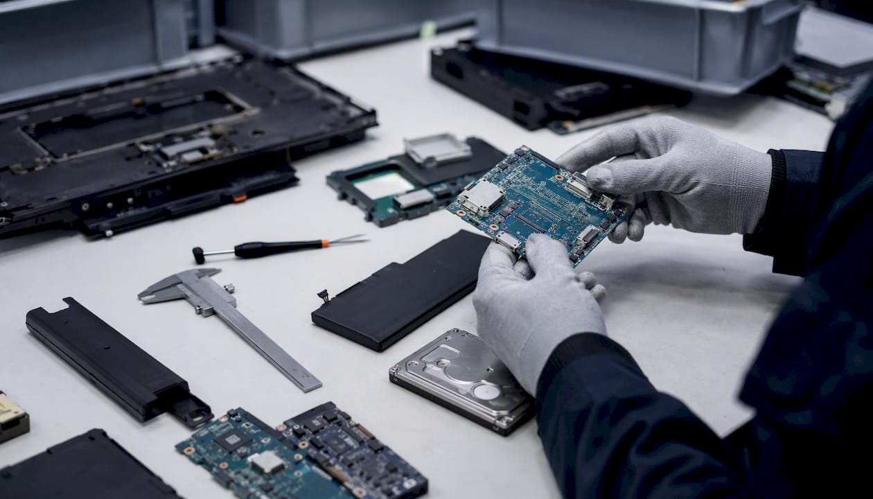 Hands sorting laptop and server hardware parts
