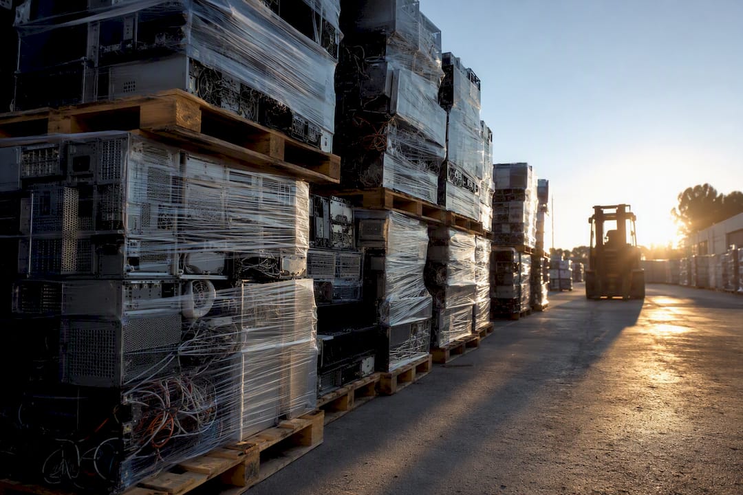 Pallets of assorted e-waste stacked for pickup
