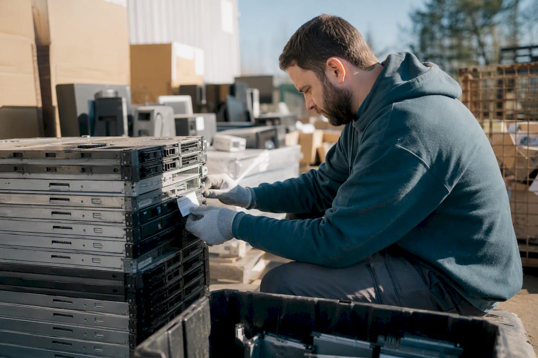Técnico organizando y catalogando equipos informáticos en el almacén