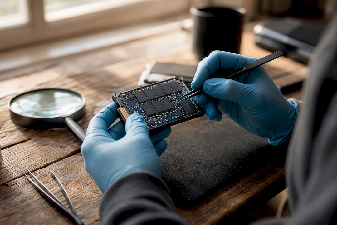 Technician inspecting SSD flash memory cells