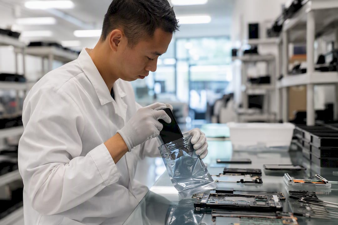 Technician sealing mobile device for cryptographic erase