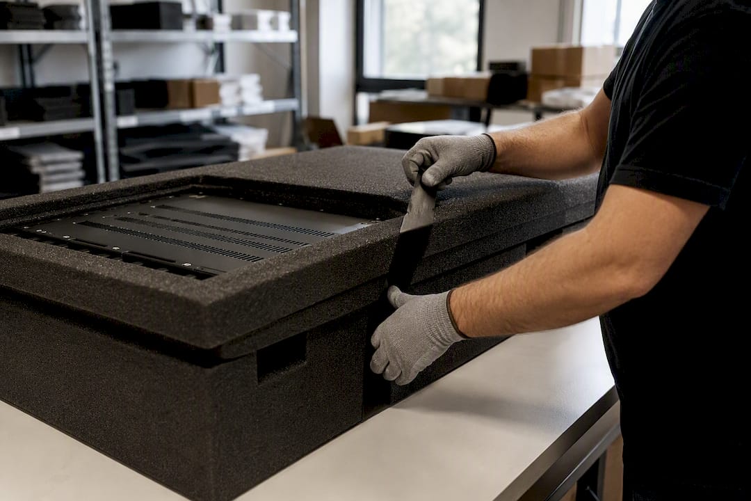 Hands sealing crate with server hardware for transport