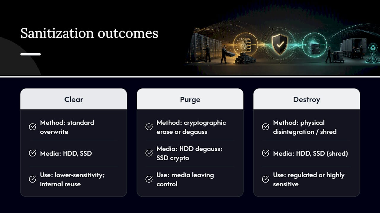 Diagram comparing Clear, Purge, and Destroy sanitization methods
