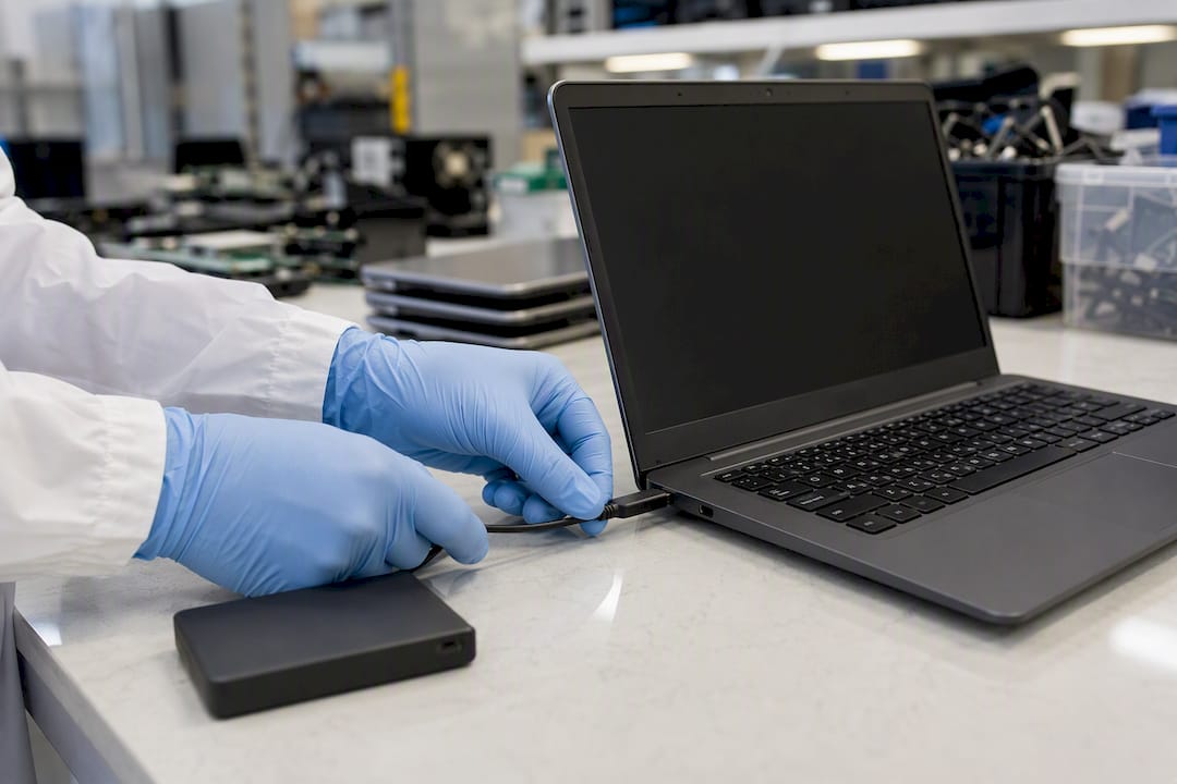 Hands connecting external drive for wipe verification