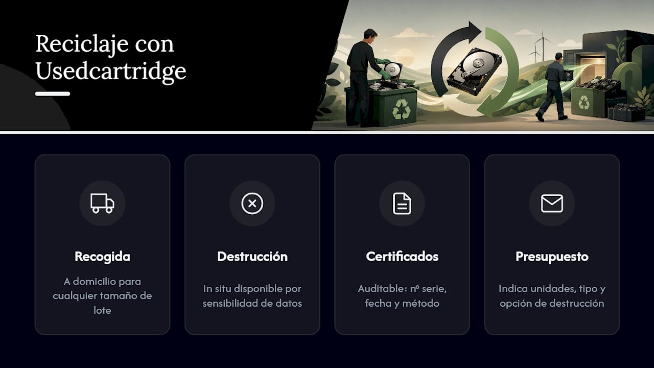 Reciclaje de discos duros con recogida y certificación de Usedcartridge — overview diagram