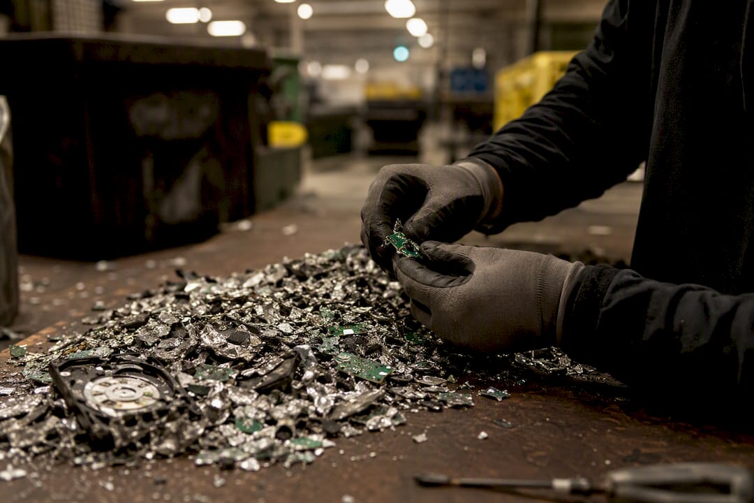 Hands inspecting shredded hard drive fragments