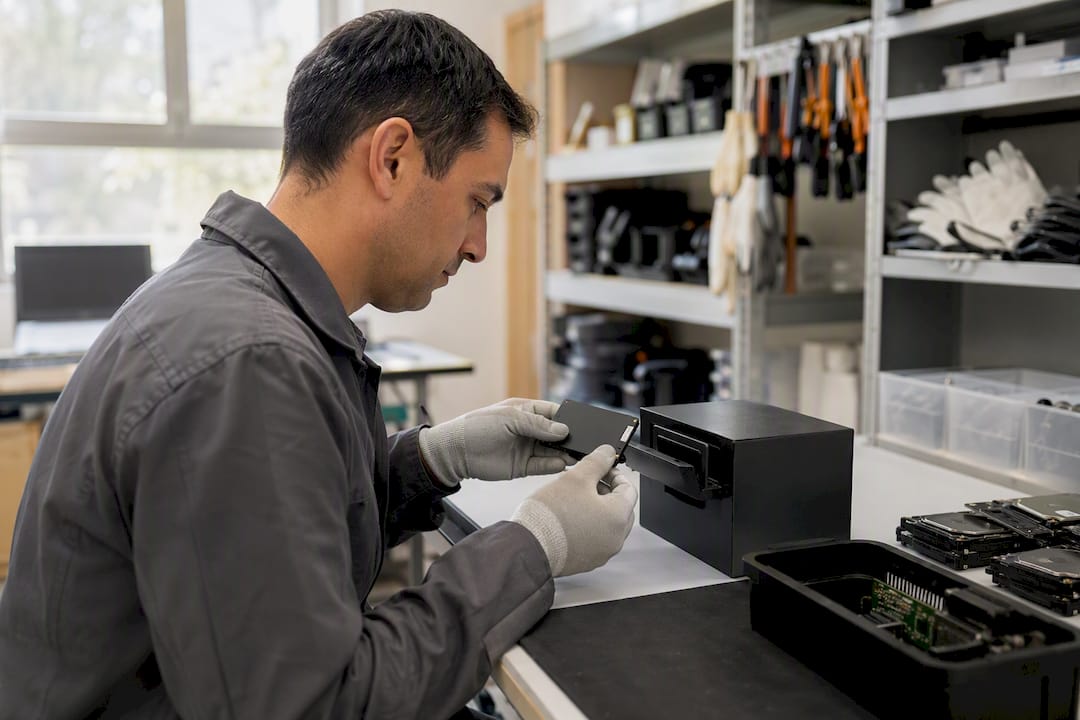 Manos colocando un SSD cerca de la herramienta desmagnetizadora