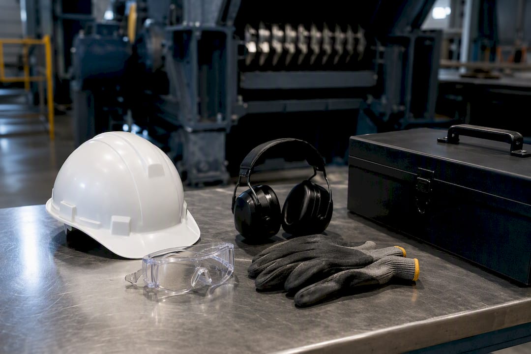 Equipo de protección junto a la trituradora industrial
