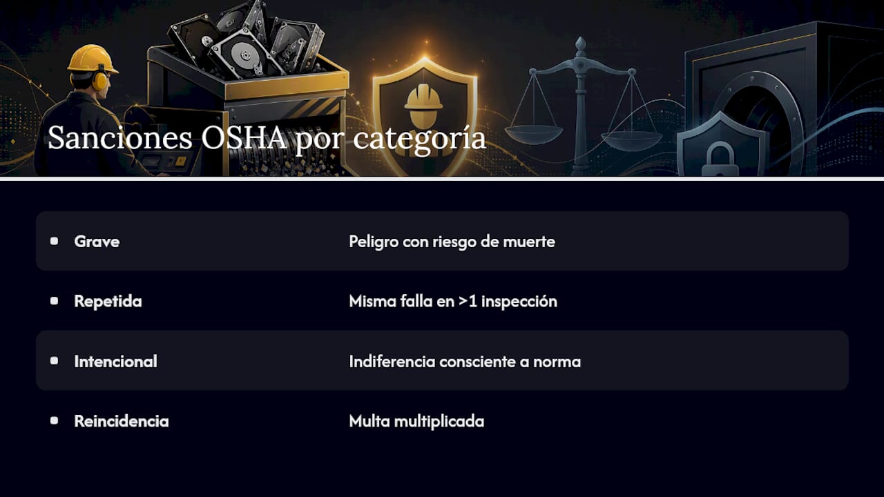 Sanciones de OSHA por incumplimiento en la destrucción física de datos — overview diagram