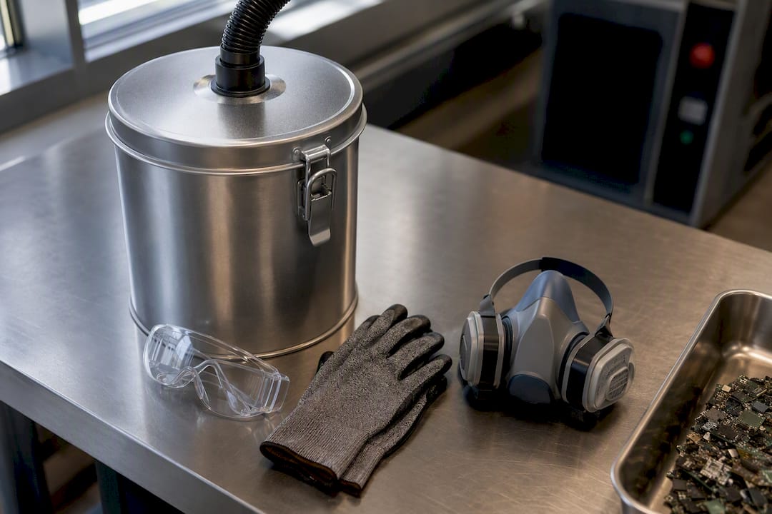 Protective equipment beside contained e-waste dust