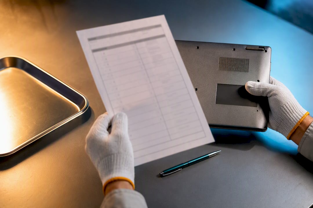 Manos revisando lista de verificación junto a equipo electrónico