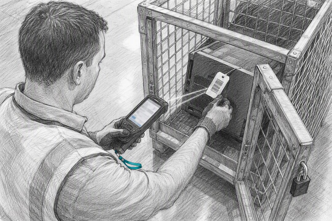 Staff member scanning device into collection cage