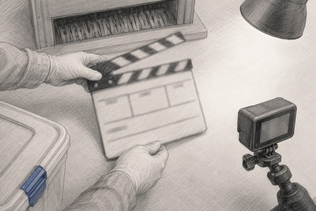 Slate and camera prepared for destruction footage