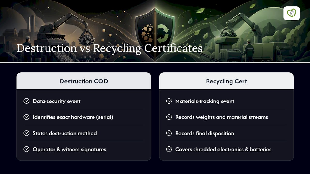 Comparison of destruction and recycling certificates
