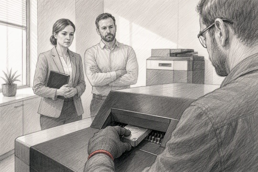 Managers witnessing secure hard drive shredding