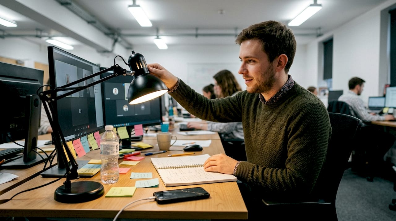 Man adjusting desk lamp in workspace
