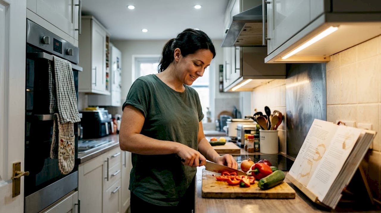 Kitchen under-cabinet and ceiling lighting in use