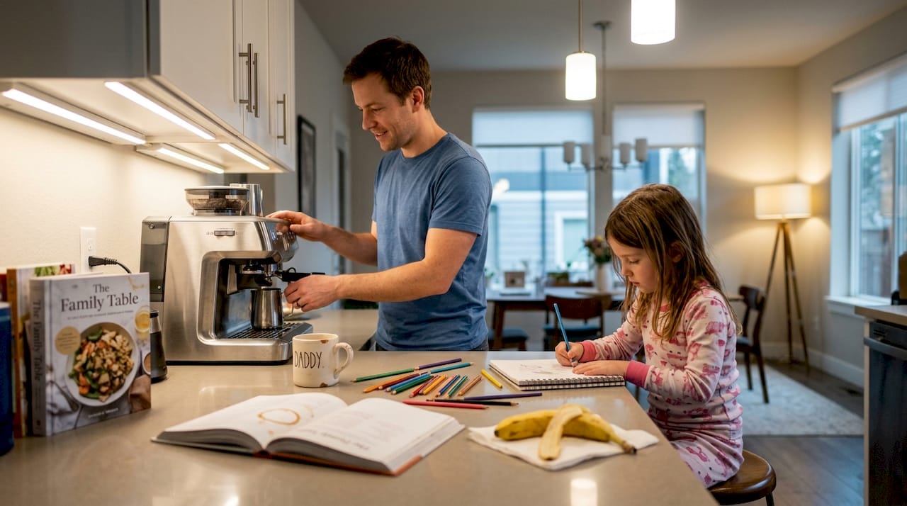 Father and daughter using adaptable kitchen lighting