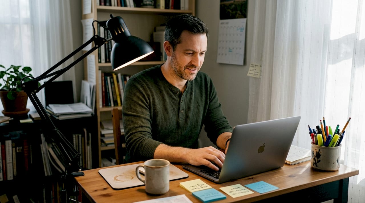 Home office with correctly placed desk lamp