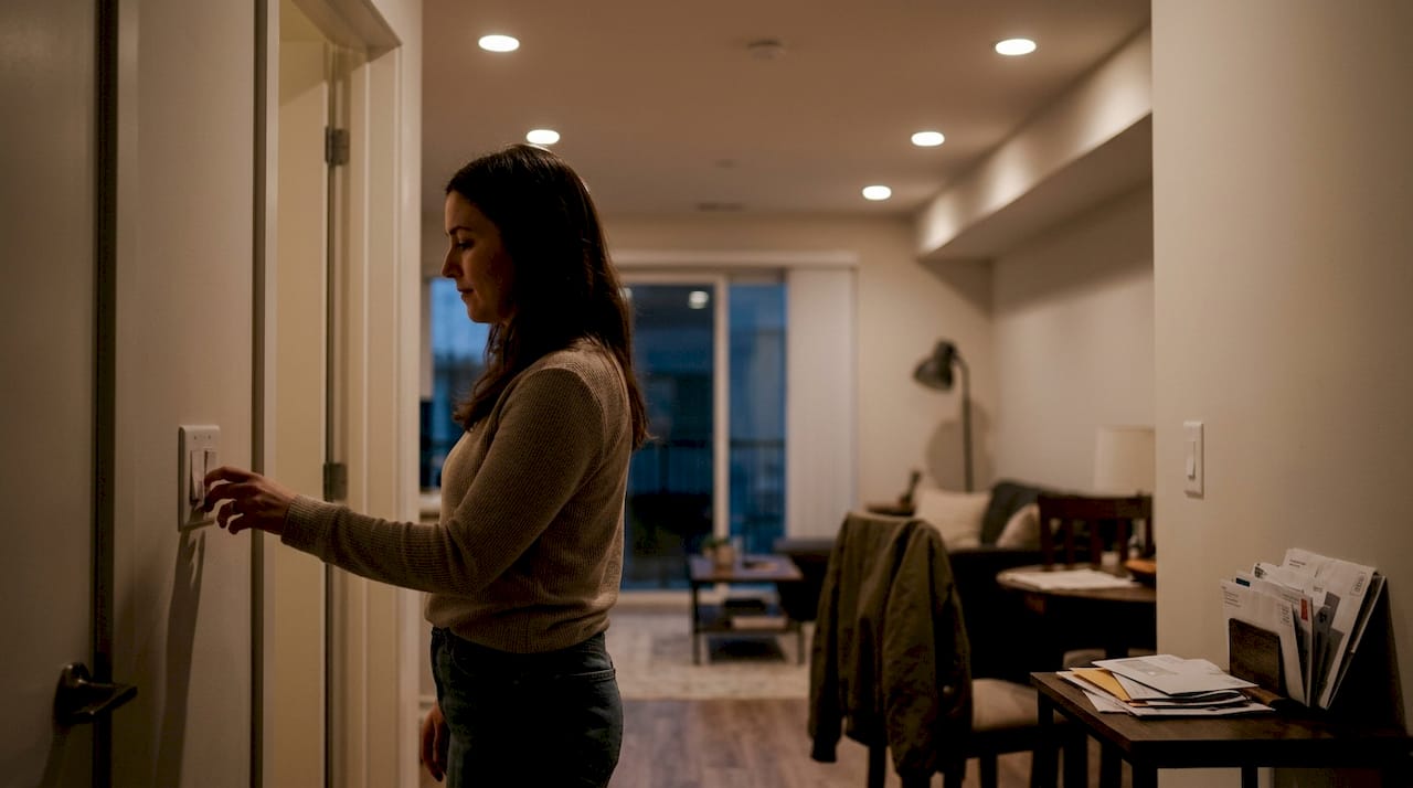 Woman dimming lights in apartment entryway