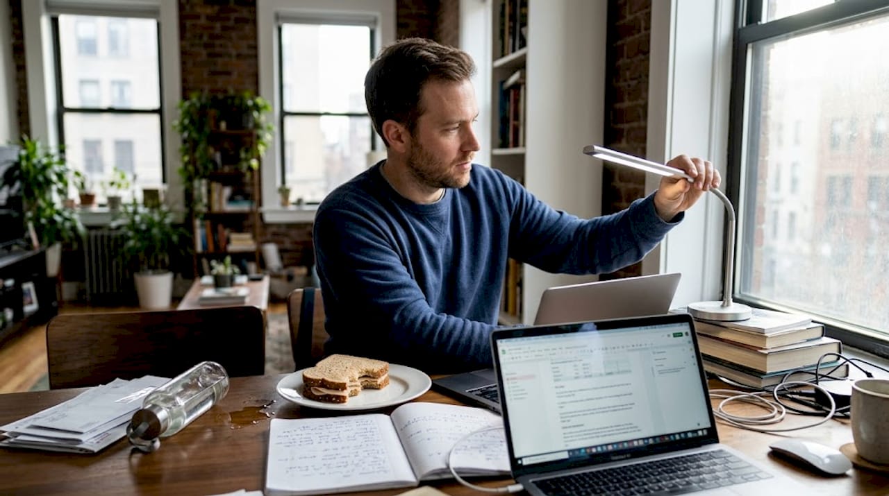 Man adjusting LED lamp at kitchen desk