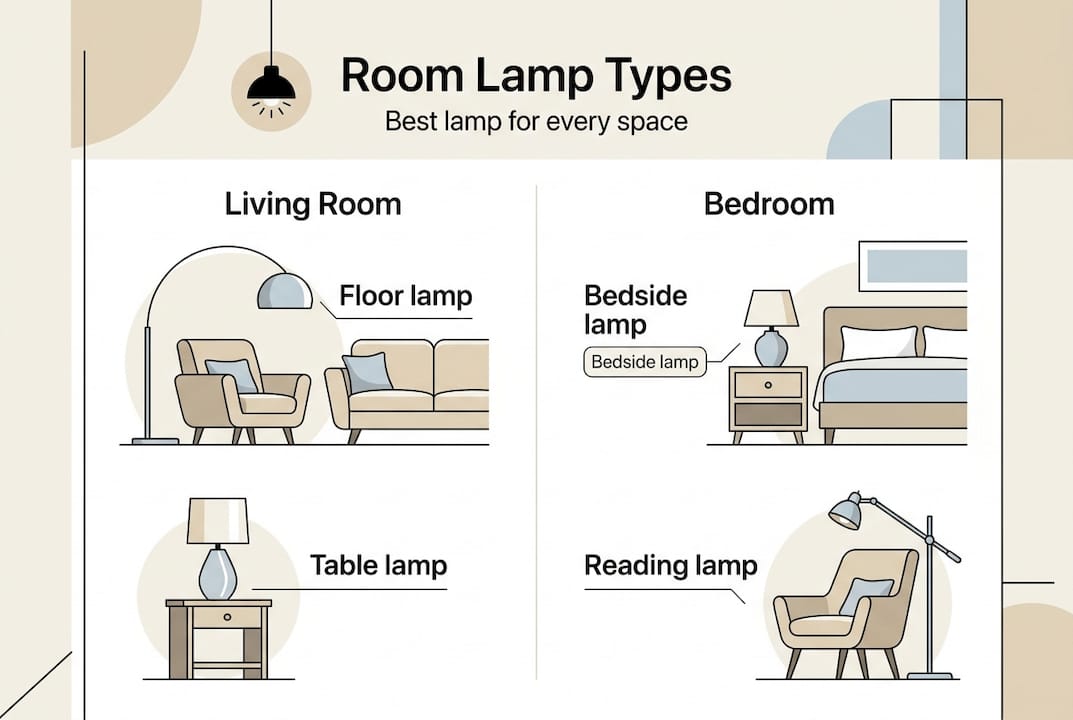 Infographic listing lamp types by room