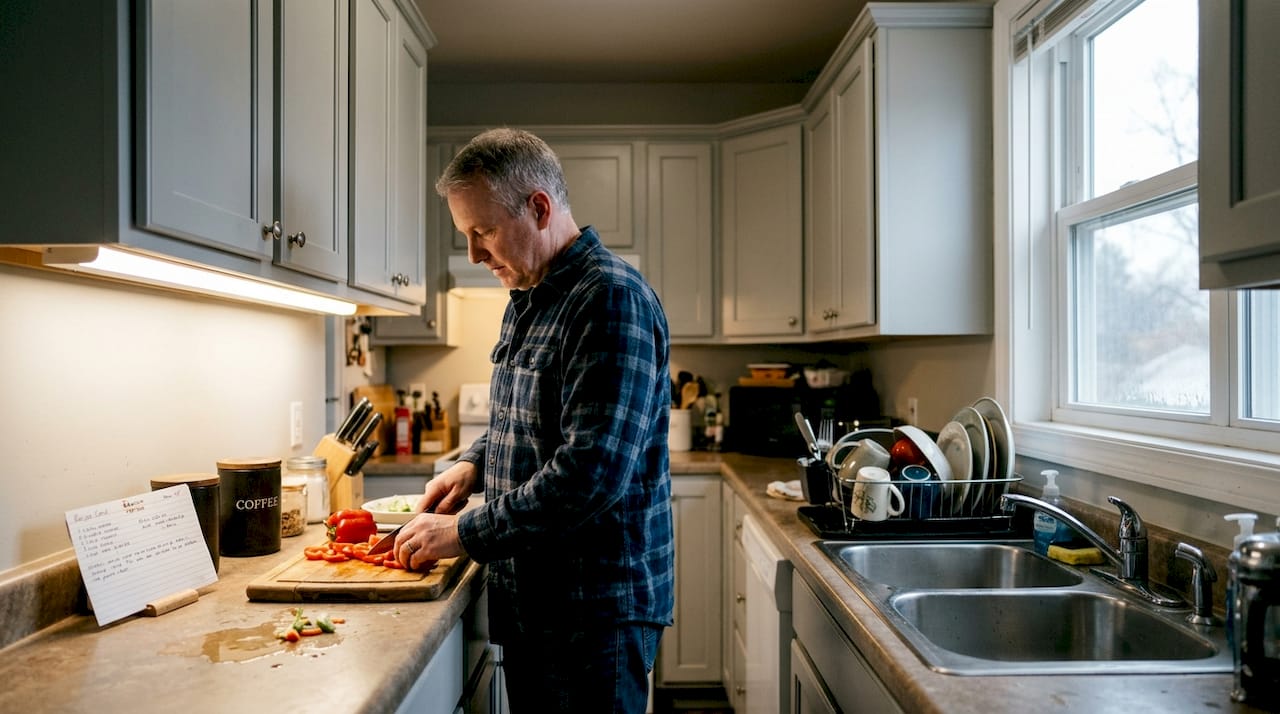 Man prepping food under cabinet lighting