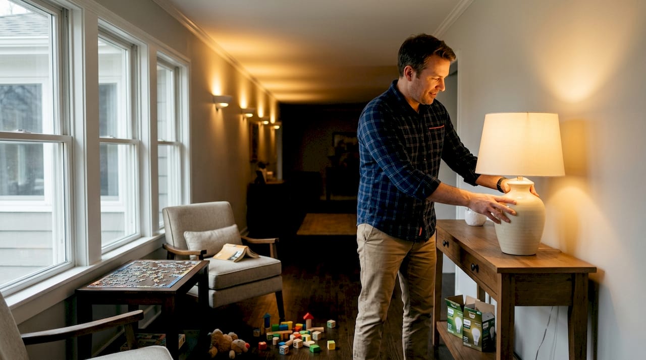 Man adjusts lamp in deep narrow room