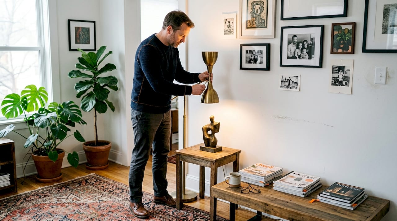 Man adjusting accent lamp near art wall