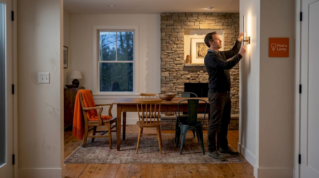 Man adjusts sconce to highlight fireplace detail
