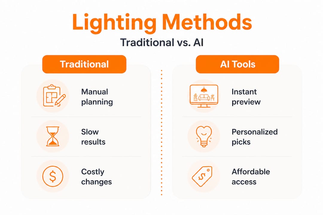 Infographic comparing traditional and AI lighting methods